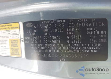 2010 Kia Sedona Lx из США, поврежденный, VIN KNDMG4C33A6359299